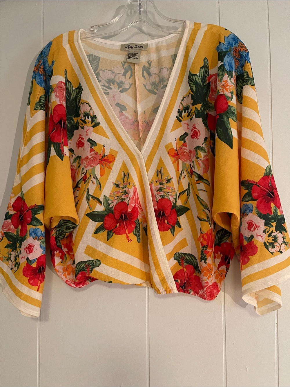 Flying Tomato Yellow Floral V-Neck Kimono Blouse